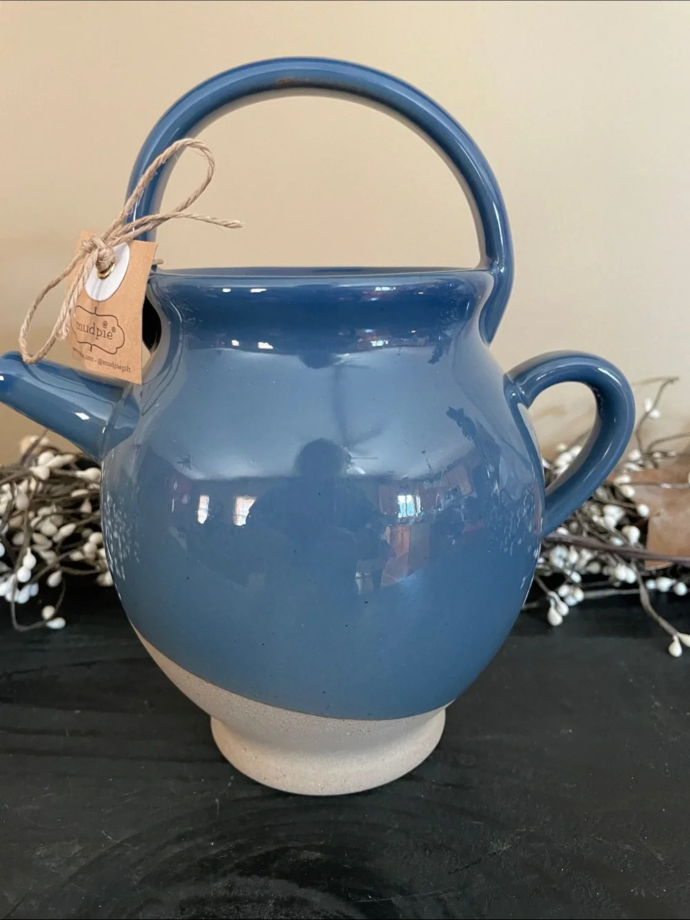 NWT Mud Pie Blue Glazed Stoneware Pitcher/Teapot Vase - 9”x8” - Not for Food Use
